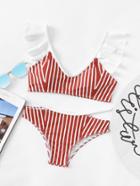 Romwe Striped Print Flounce Detail Bikini Set