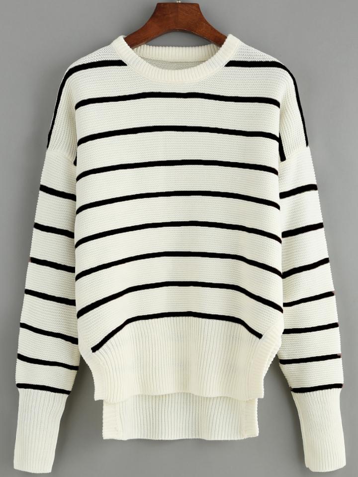 Romwe Dip Hem Striped Loose Sweater