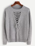 Romwe Grey Lace Up Front Hollow Sweater