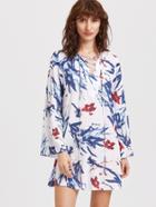 Romwe Multicolor Flower Print Lace Up V Neck Tunic Dress