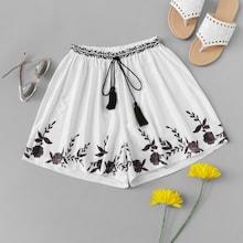 Romwe Plant Print Drawstring Waist Shorts