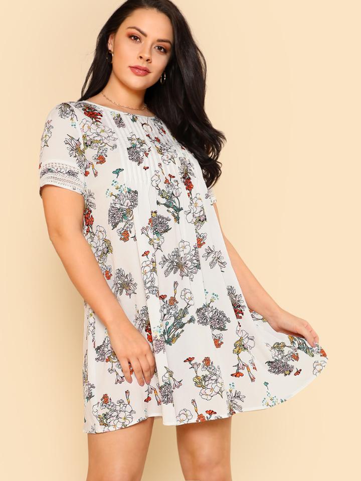 Romwe Lace Insert Pleated Floral Dress