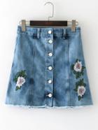 Romwe Raw Hem Flower Embroidery A Line Denim Skirt