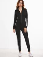 Romwe Black Striped Sideseam Zip Up Skinny Sweat Jumpsuit