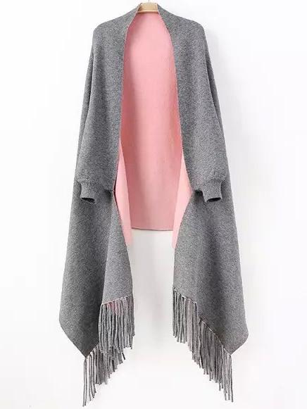 Romwe Women Fringe Grey Poncho Sweater