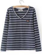 Romwe V Neck Long Sleeve Striped Navy T-shirt