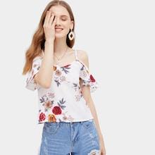 Romwe Floral Print Cold Shoulder Crop Blouse