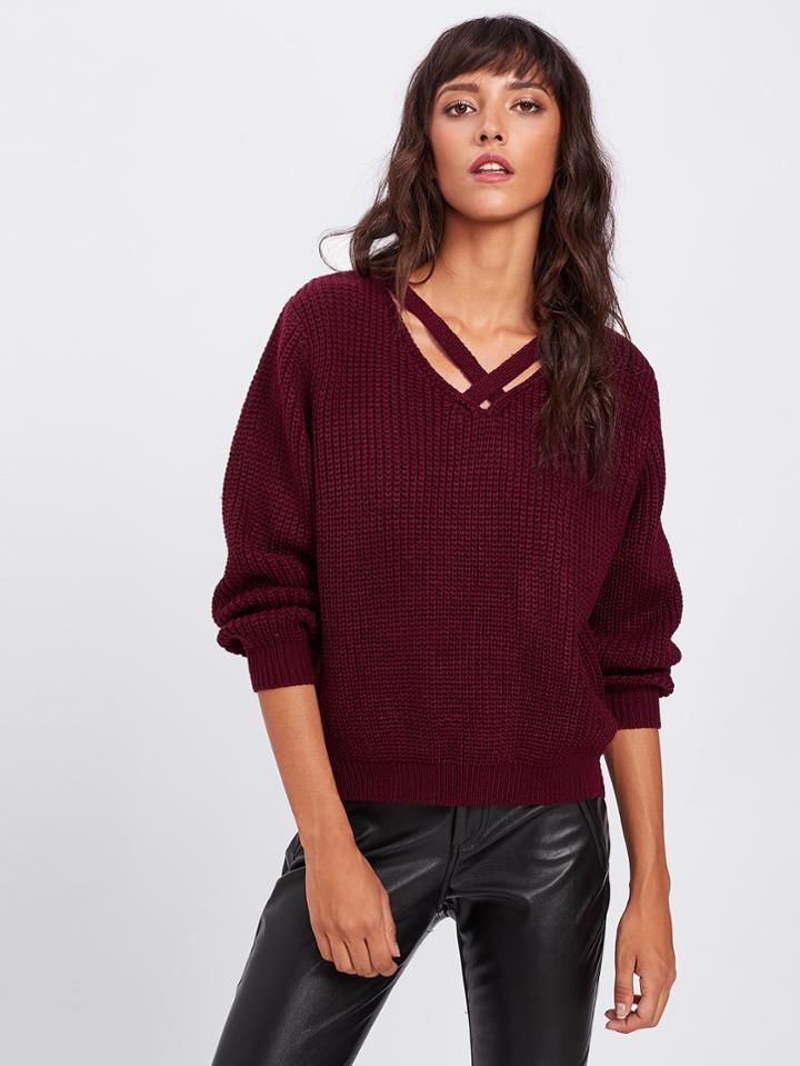 Romwe Criss Cross Front Knit Sweater