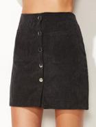 Romwe Dark Grey Corduroy Single Breasted Dual Pocket Front Skirt