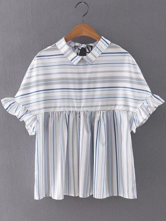 Romwe Mix Stripe Lapel Ruffle Cuff Tie Back Blouse