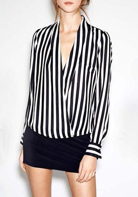 Romwe Black White V Neck Vertical Stripe Blouse