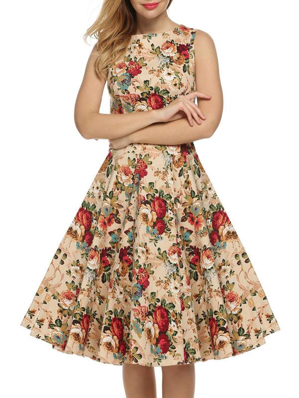 Romwe Khaki Rose Print Tie Back Fit And Flare Dress
