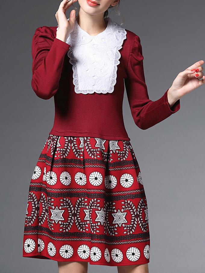 Romwe Red Lapel Long Sleeve Print Dress