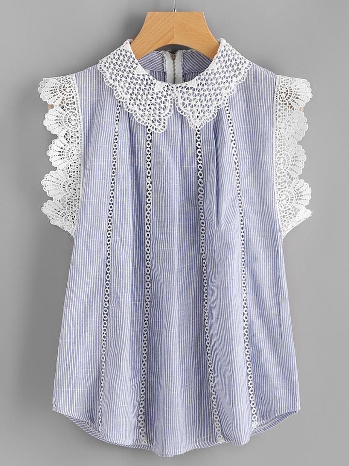 Romwe Contrast Crochet Lace Trim Pinstriped Blouse