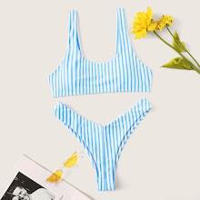 Romwe Striped Tank Top With High Cut Bikini Set