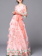 Romwe Pink Length Sleeve Contrast Gauze Embroidered Tie-waist Dress