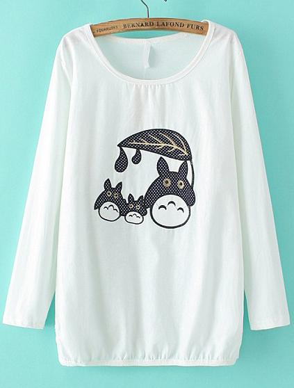 Romwe White Long Sleeve Totoro Embroidered Blouse