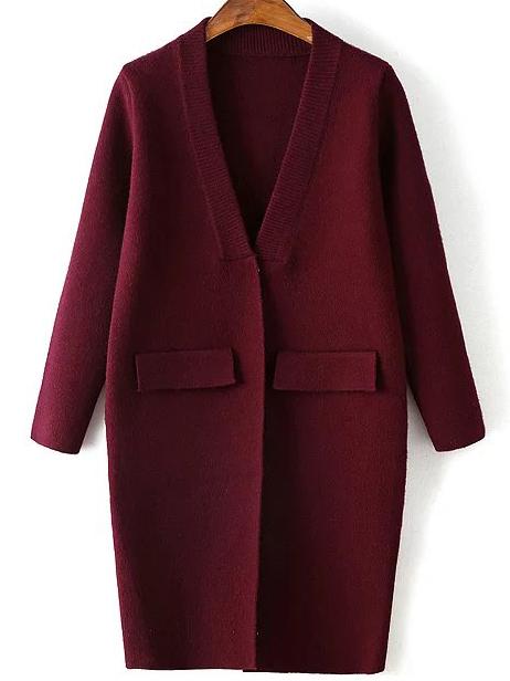Romwe Burgundy Ribbed Neck Hidden Button Loose Cardigan With Fake Pockets