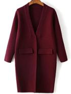 Romwe Burgundy Ribbed Neck Hidden Button Loose Cardigan With Fake Pockets