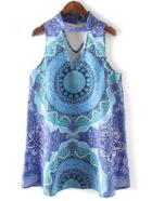 Romwe Blue V Neck Floral Dress