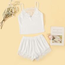 Romwe Lace Insert Velvet Cami Top And Shorts Pj Set
