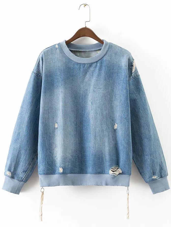 Romwe Blue Ripped Side Zipper Denim Sweatshirt