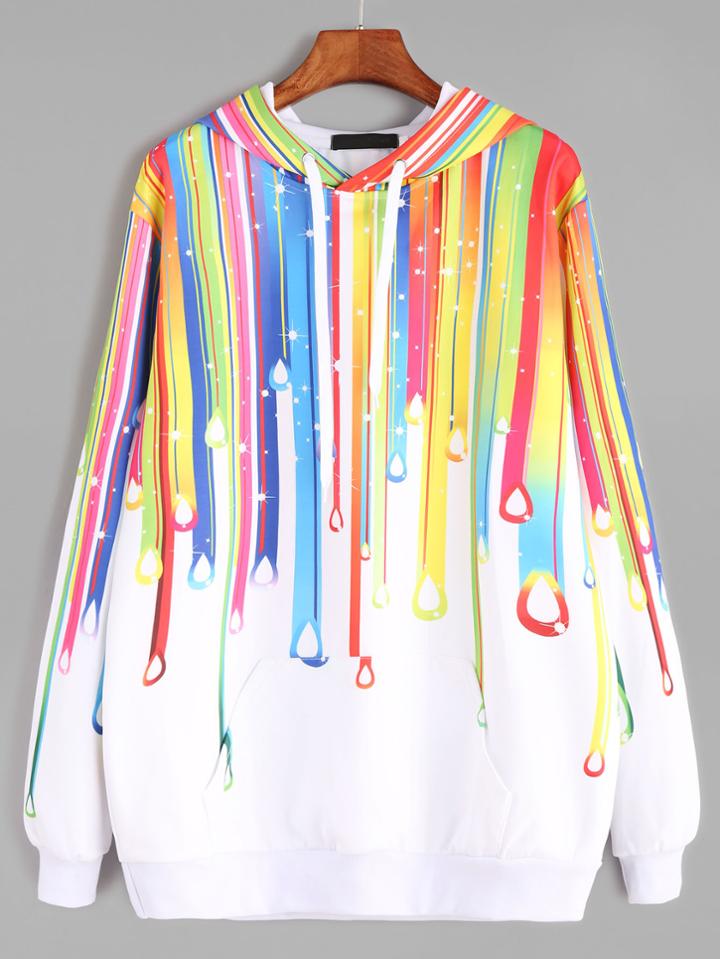Romwe White Paint Drip Print Drawstring Hooded Sweatshirt