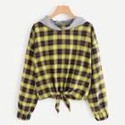 Romwe Knot Front Checked Hooded Sweatshirt