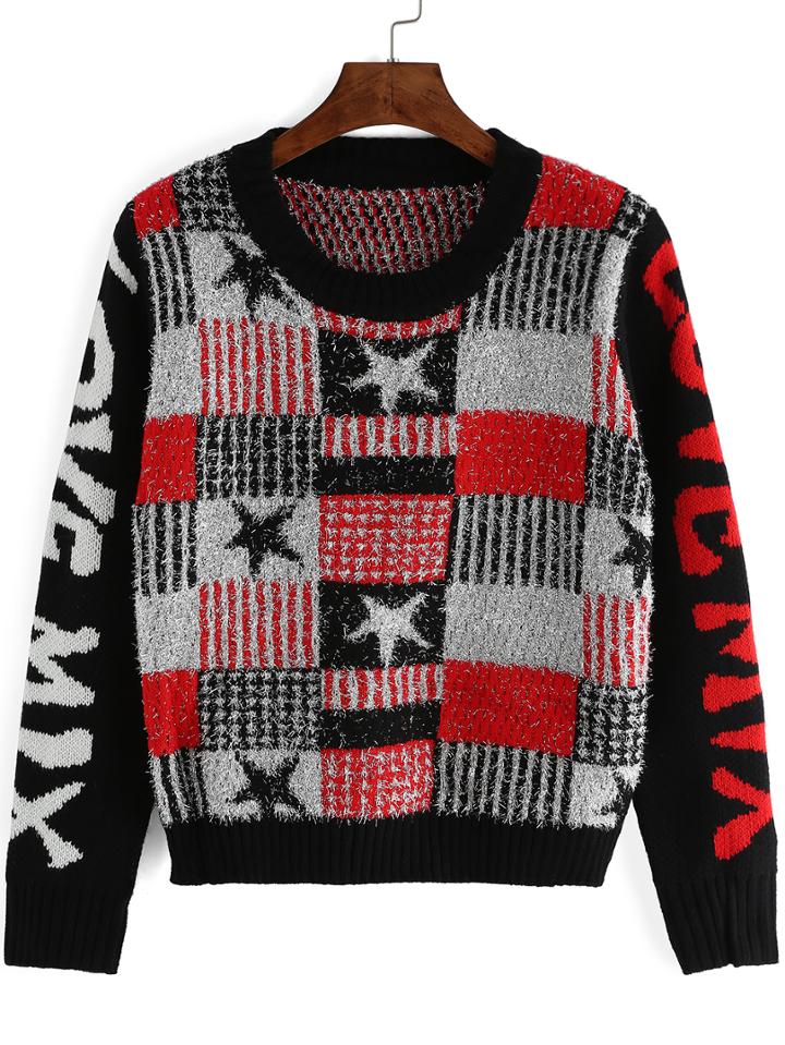 Romwe Long Sleeve Stars Letter Print Jumper