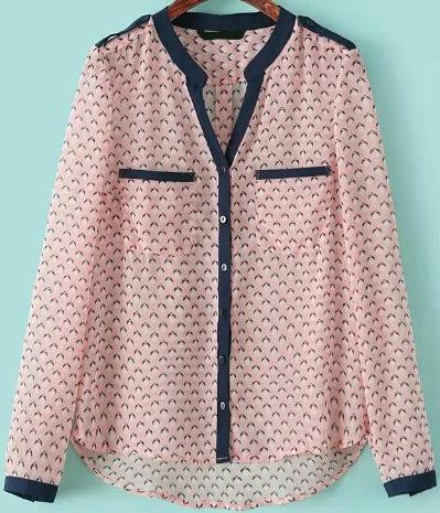 Romwe V Neck Pockets Dipped Hem Blouse