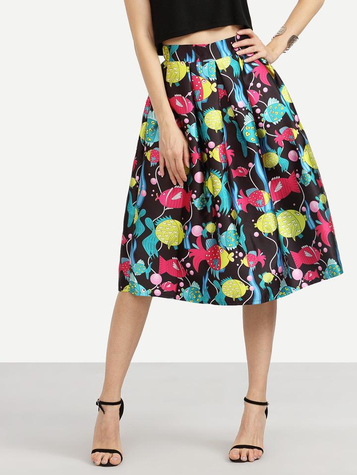 Romwe Multicolor Fish Print Box Pleated Skirt