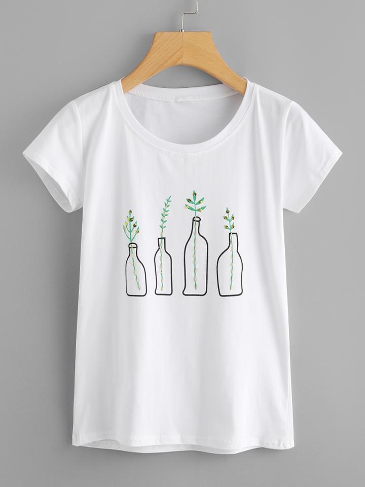 Romwe Graphic Print Sequin Detail Tee