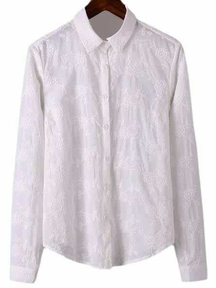 Romwe White Long Sleeve Embroidery Lapel Blouse