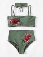 Romwe Embroidered Rose High Waist Bikini Set With Choker