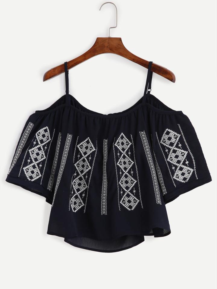 Romwe Navy Cold Shoulder Tie Back Embroidered Top