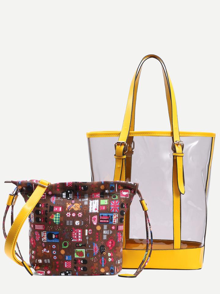 Romwe Yellow Trim Clear Shopper Bag With Canvas Crossbody Bag