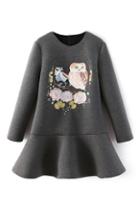 Romwe Owl And Floral Embroidered Flouncing Grey Dress