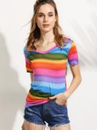 Romwe V Neck Rainbow Ombre T-shirt
