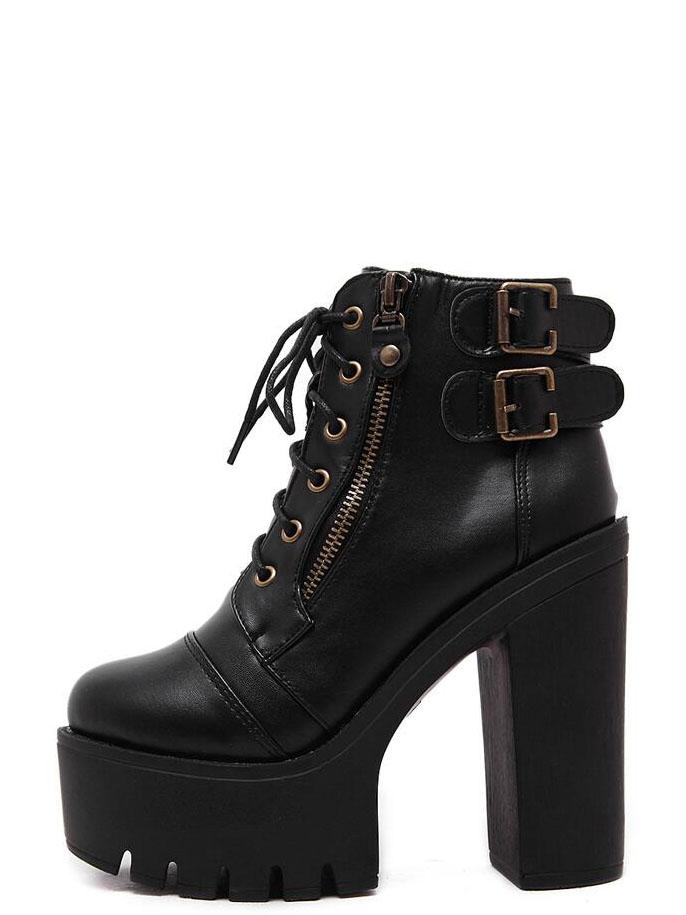 Romwe Black Faux Leather Lace Up Side Zipper Buckle Platform Ankle Boots