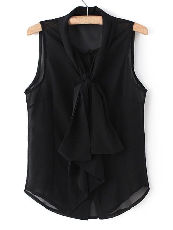 Romwe Black Tie Neck Bow Sleeveless See-through Blouse