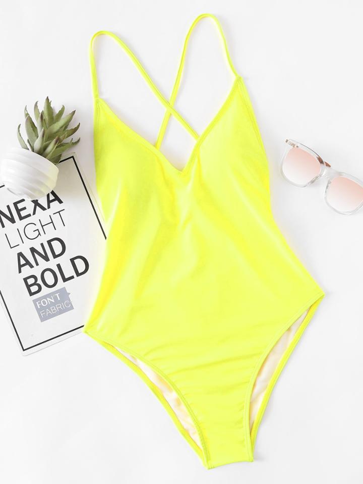 Romwe Criss Cross Low Back Swimsuit