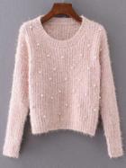 Romwe Pink Round Neck Long Sleeve Beaded Sweater
