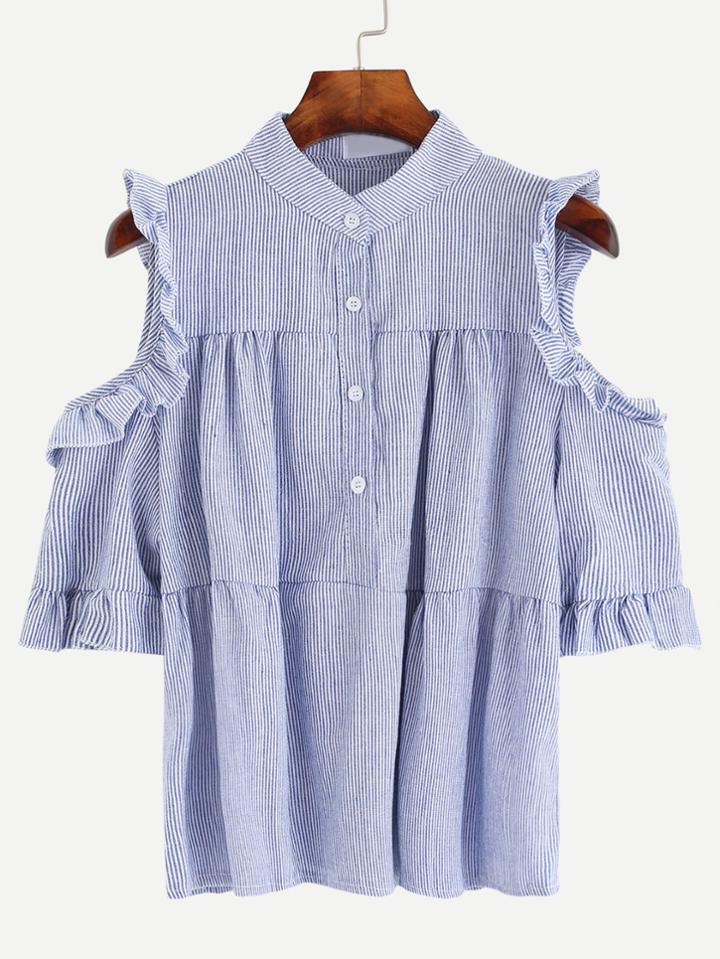 Romwe Blue Vertical Striped Ruffled Open Shoulder Blouse