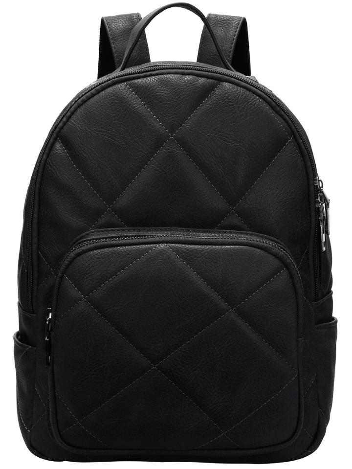 Romwe Black Diamond Zipper Pu Backpacks