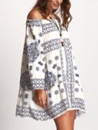 Romwe Blue Print Off Shoulder Crochet Insert Dress
