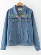 Romwe Blue Flower Embroidery Button Denim Jacket