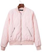 Romwe Pink Diamond Quilted Bomber Jacket With Zipper