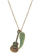 Romwe Gold And Green Guitar Wing Pendant Necklace