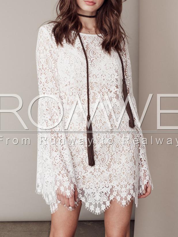 Romwe White Bell Sleeve Lace Embroidered Dress