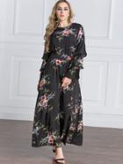 Romwe Botanical Print Flounce Layered Sleeve Tie Waist Dress
